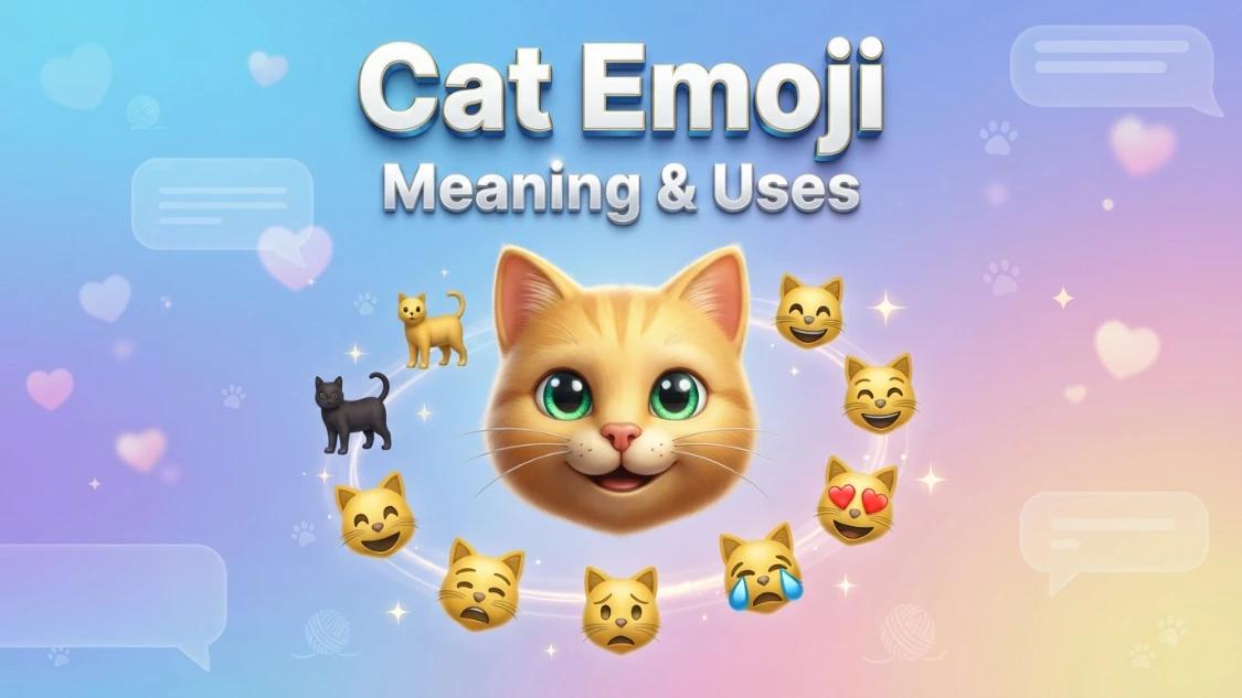 Ultra-realistic 3D cat emoji surrounded by related cat emojis, illustrating the meaning and uses of the cat emoji for WhatsApp, Instagram, and TikTok. one line definition Cat emoji (🐱): A cat emoji represents cuteness, playfulness, curiosity, affection, or a love for cats in messages and social media conversations.