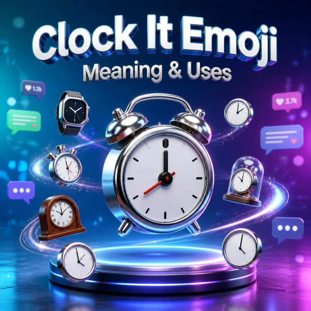 **Ultra-realistic 3D clock emoji surrounded by time emojis illustrating the meaning and uses of the Clock It Emoji for social media conversations. **