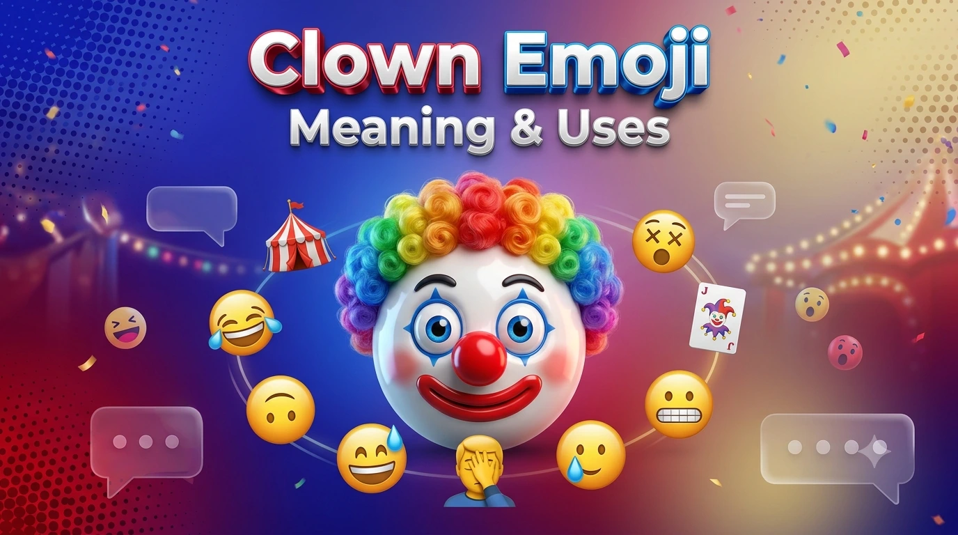 Ultra-realistic 3D clown emoji surrounded by related emojis, illustrating the meaning and uses of the clown emoji for WhatsApp, Instagram, and TikTok.