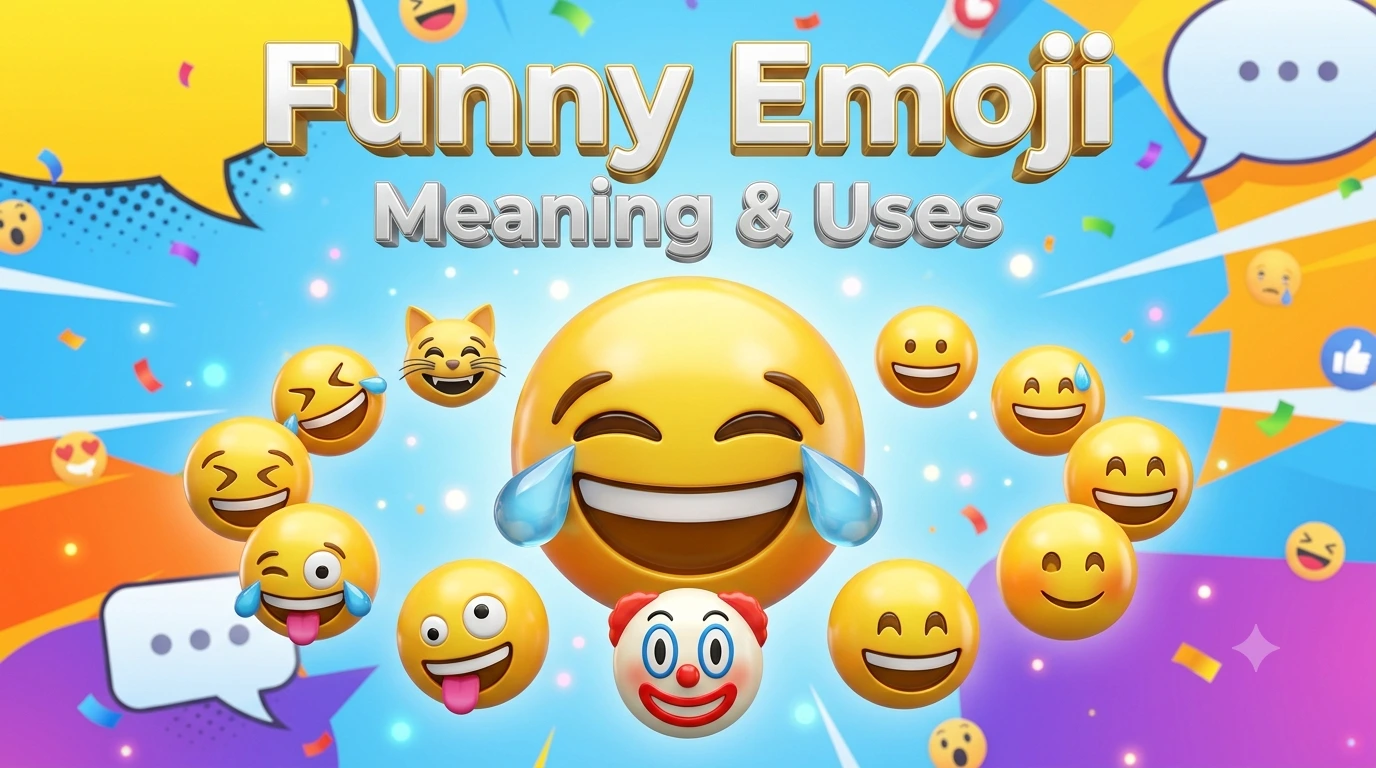 Ultra-realistic 3D funny emoji surrounded by laughing emojis, illustrating the meaning and uses of funny emojis for WhatsApp, Instagram, and TikTok.