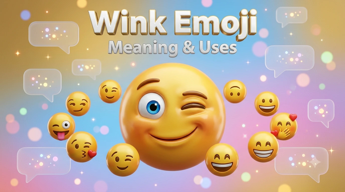 Ultra-realistic 3D wink emoji surrounded by related expressive emojis, illustrating the meaning and uses of the wink emoji for WhatsApp, Instagram, and TikTok.